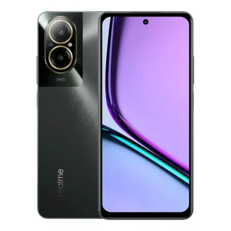 Realme C67 smartphone featuring dual rear cameras, a display screen, and a sleek black design.
